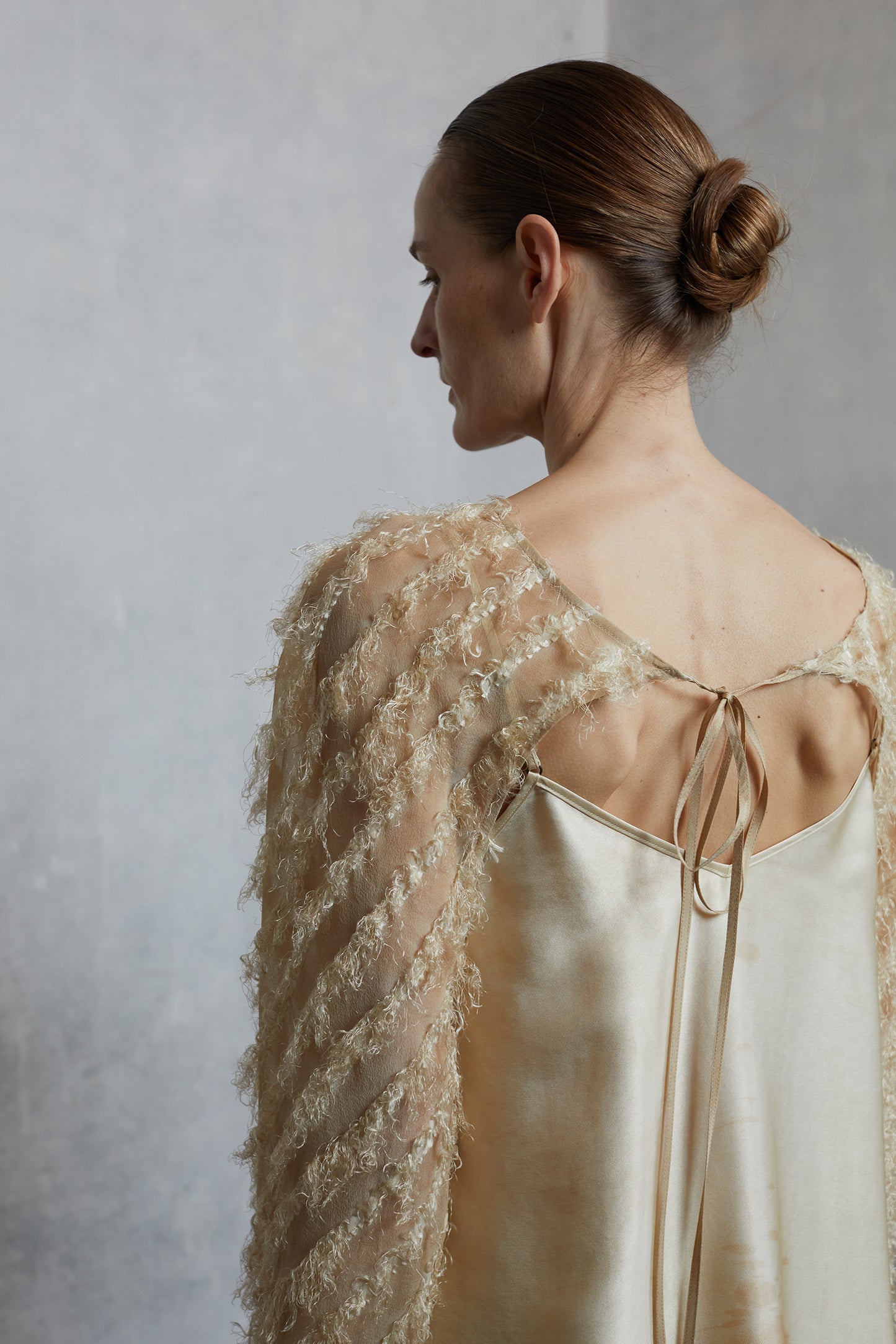 Fringed, dirty-dyed mulberry silk mini jacket
