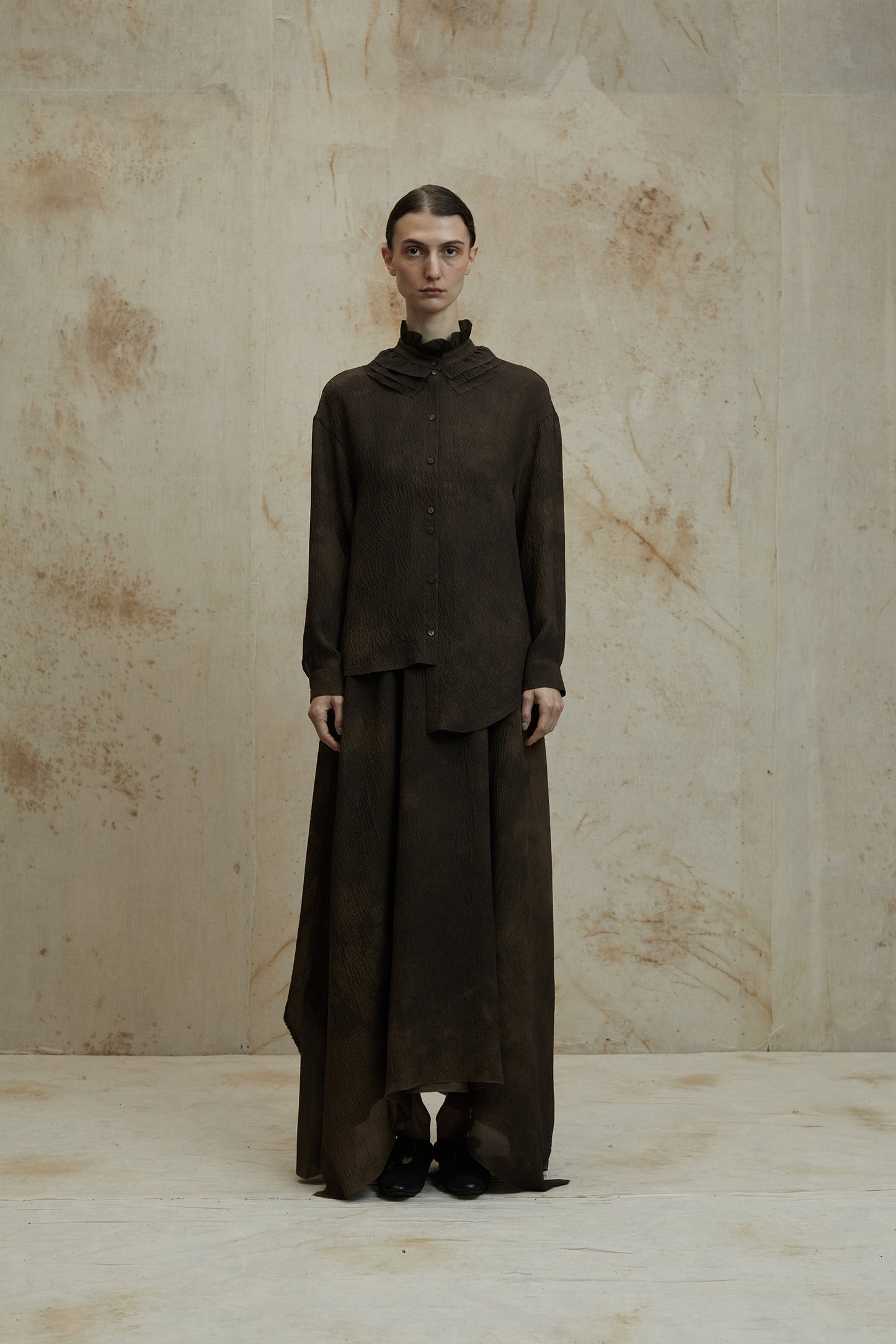 Mud Dye Classical Silk Asymmetric Shirt and Skirt Set