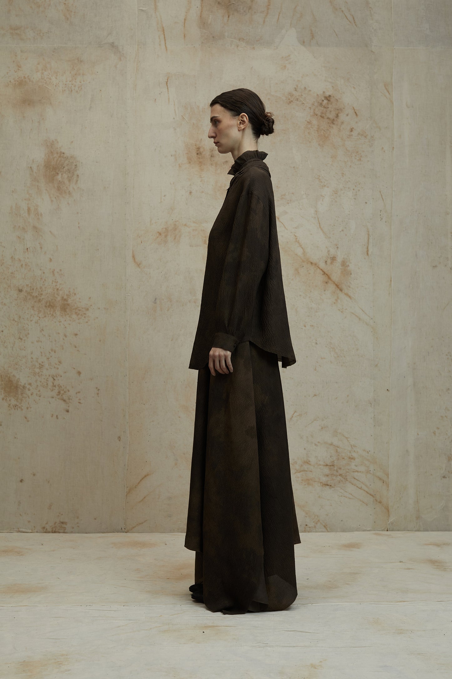 Mud Dye Classical Silk Asymmetric Shirt and Skirt Set