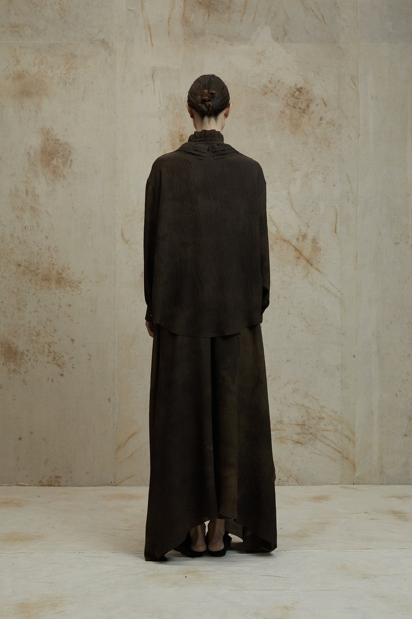 Mud Dye Classical Silk Asymmetric Shirt and Skirt Set