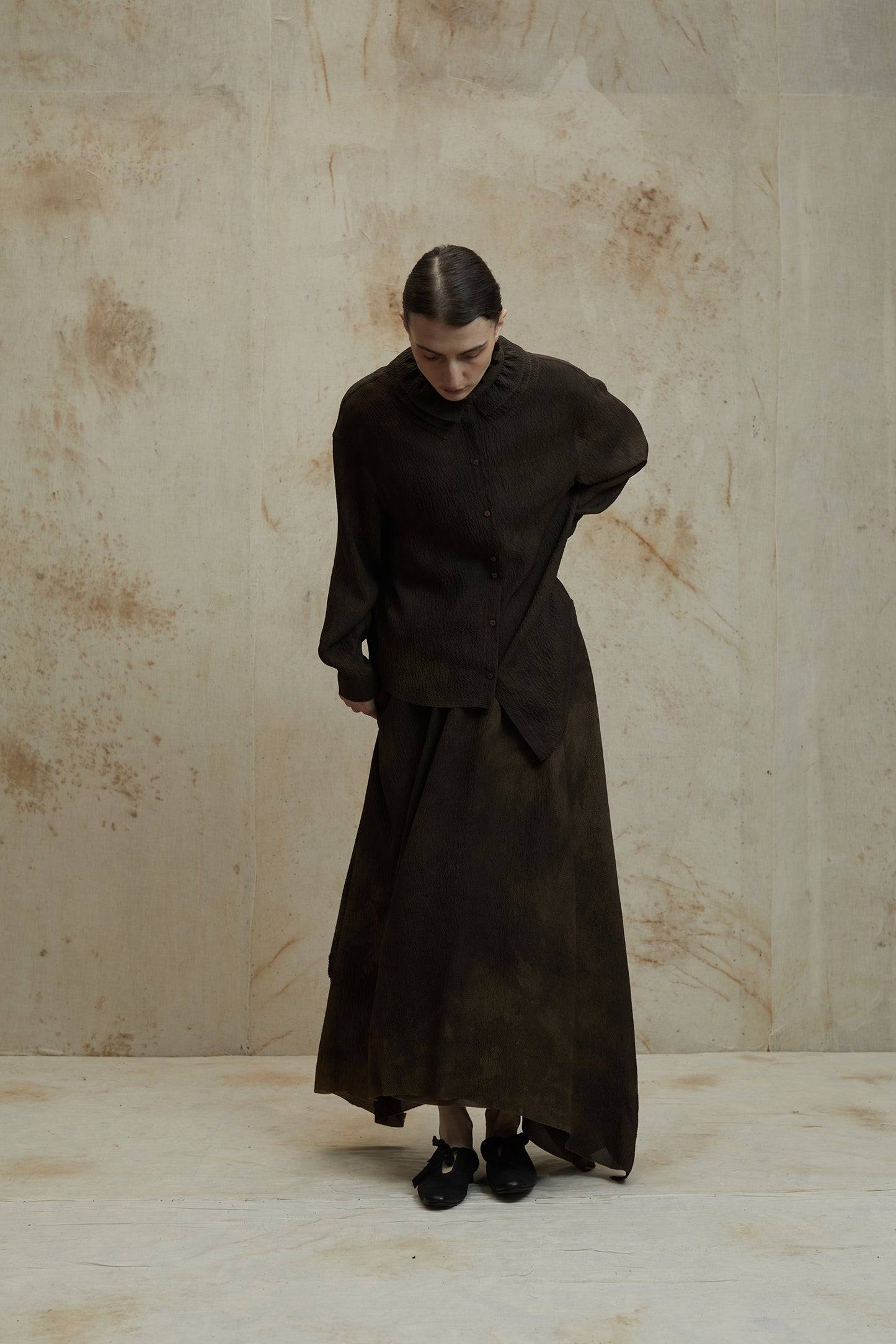 Mud Dye Classical Silk Asymmetric Shirt and Skirt Set