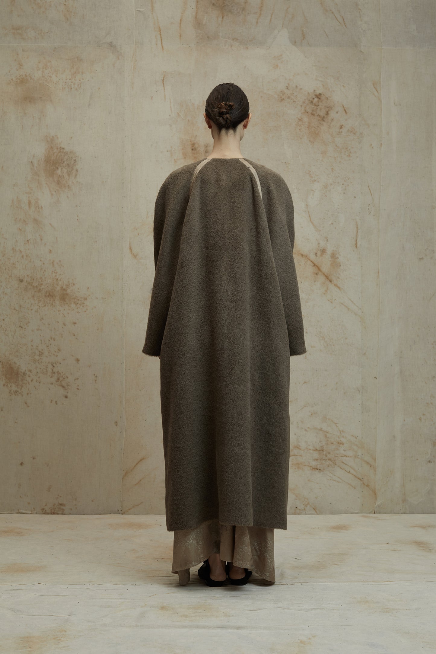 Alpaca Wool Round Shoulder Design Silk Patchwork Long Coat