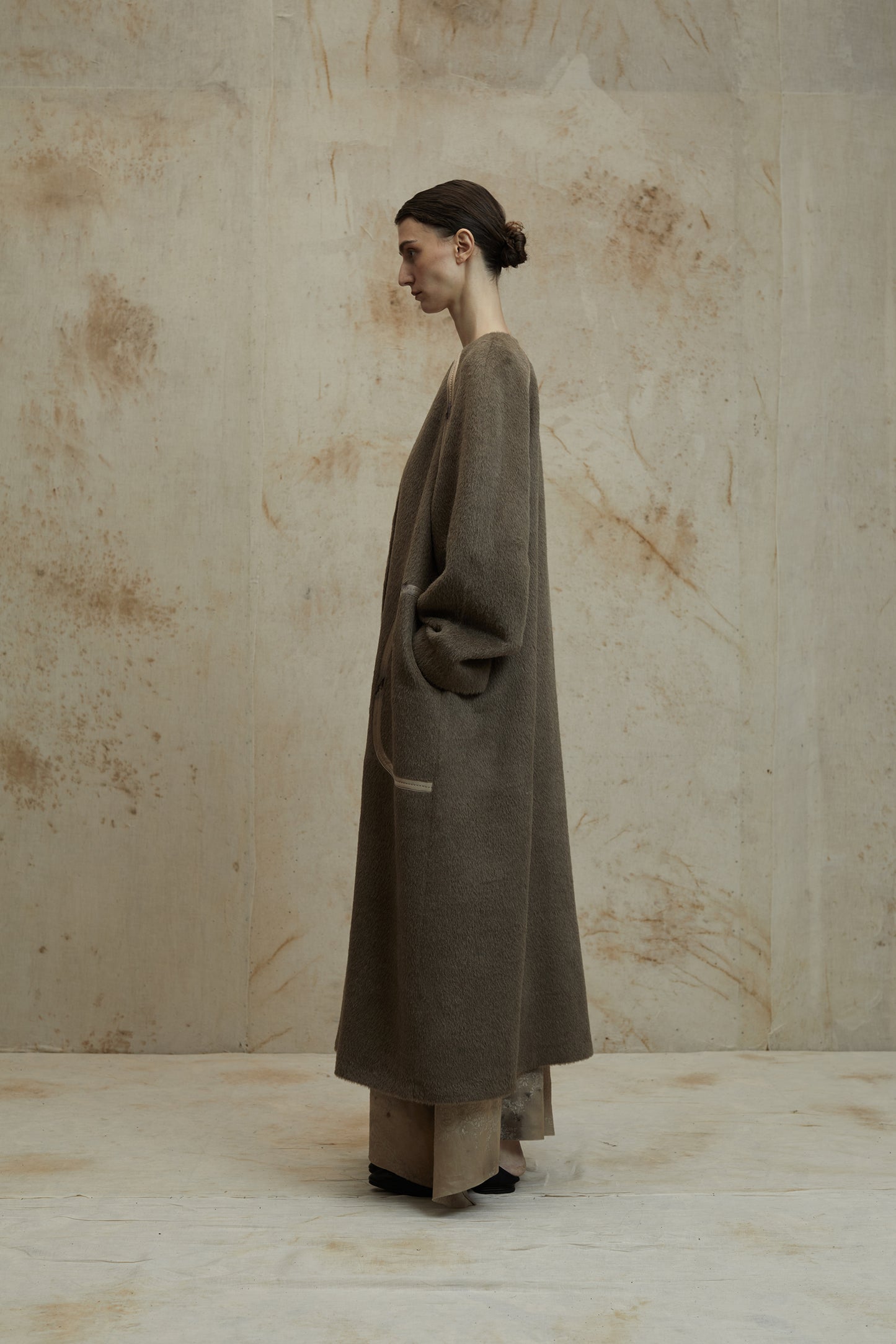 Alpaca Wool Round Shoulder Design Silk Patchwork Long Coat