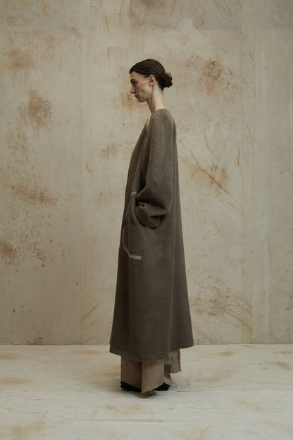 Alpaca Wool Round Shoulder Design Silk Patchwork Long Coat