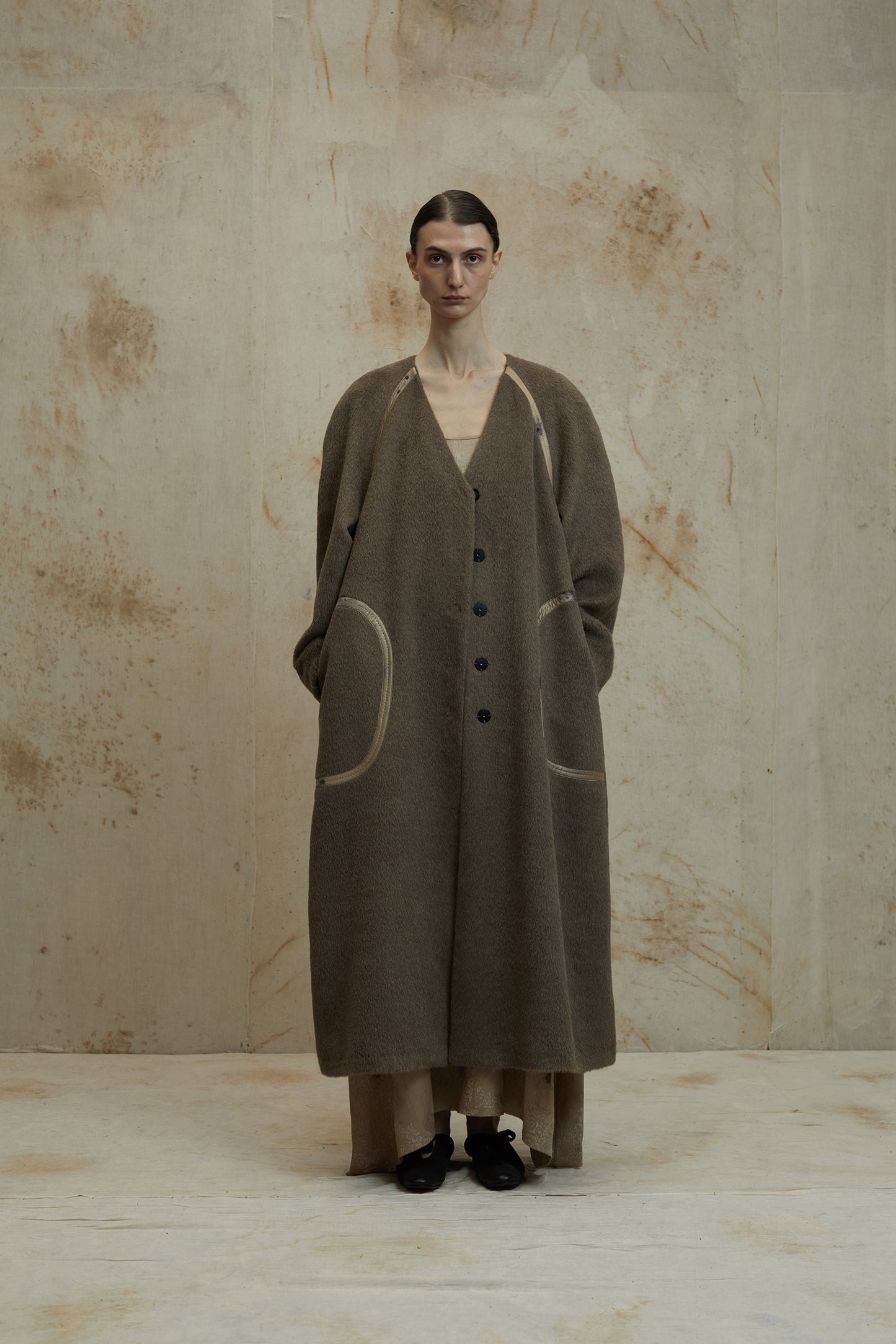Alpaca Wool Round Shoulder Design Silk Patchwork Long Coat