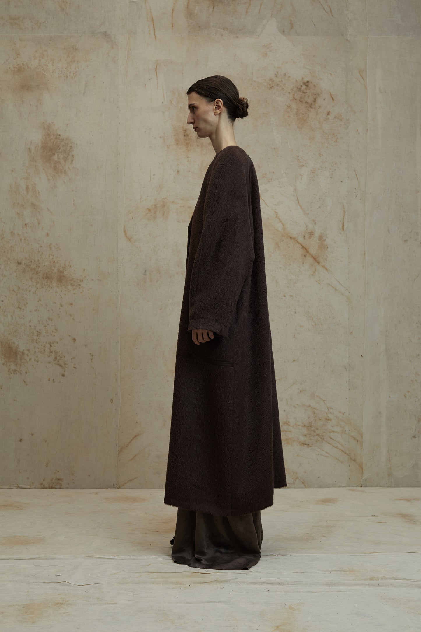 Alpaca Wool Round Shoulder Design Silk Patchwork Long Coat