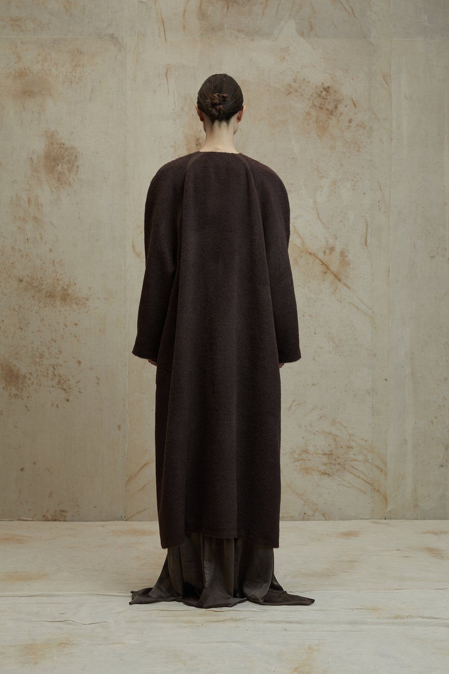 Alpaca Wool Round Shoulder Design Silk Patchwork Long Coat