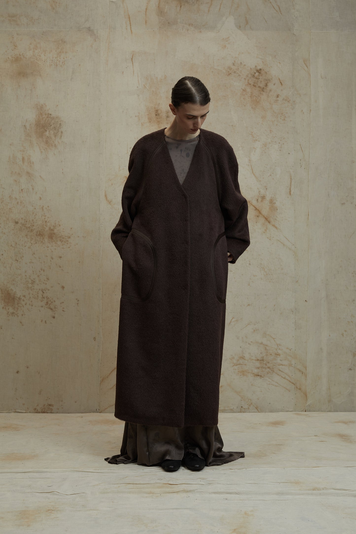 Alpaca Wool Round Shoulder Design Silk Patchwork Long Coat