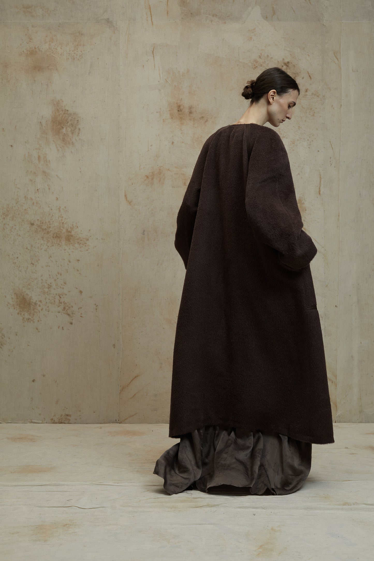Alpaca Wool Round Shoulder Design Silk Patchwork Long Coat