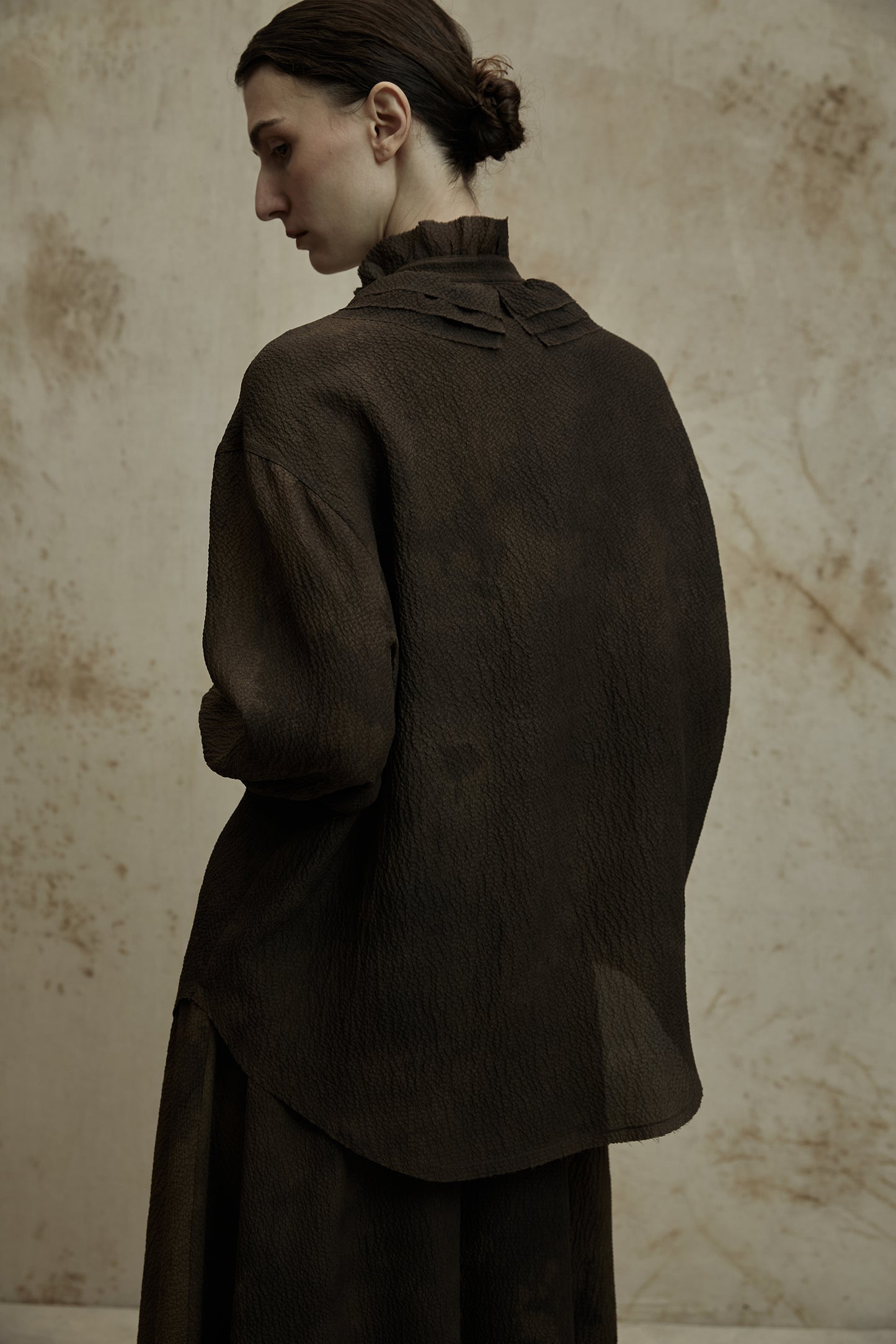 Mud Dye Classical Silk Asymmetric Shirt and Skirt Set