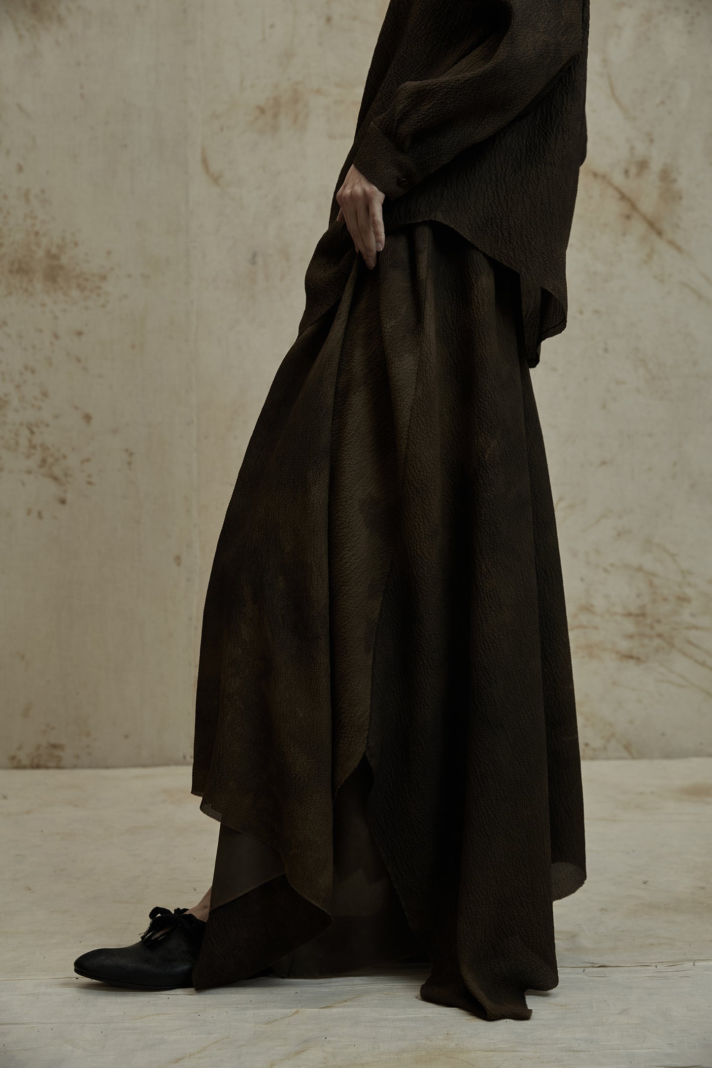 Mud Dye Classical Silk Asymmetric Shirt and Skirt Set