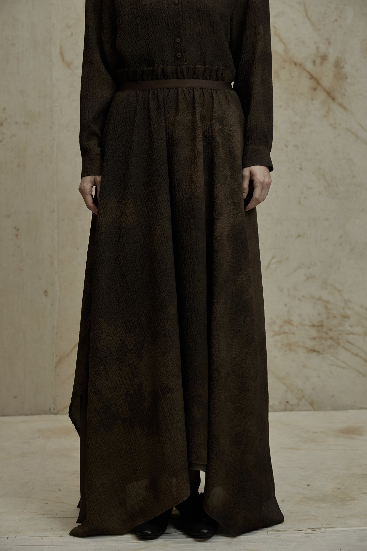 Mud Dye Classical Silk Asymmetric Shirt and Skirt Set