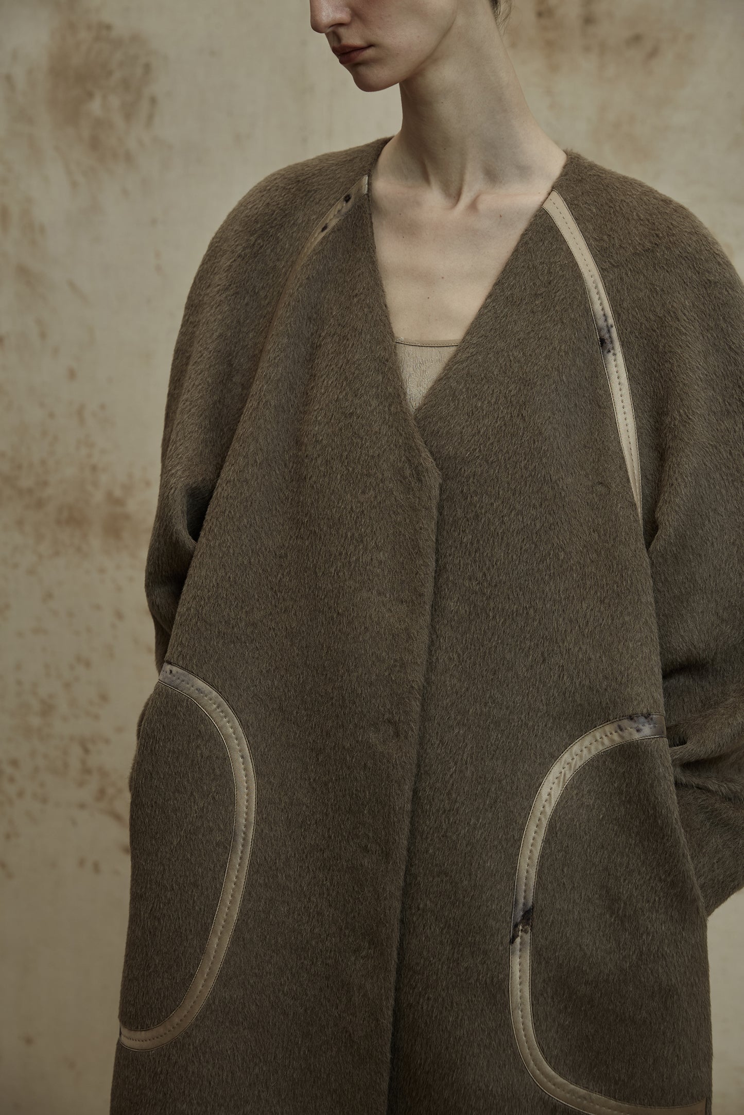 Alpaca Wool Round Shoulder Design Silk Patchwork Long Coat