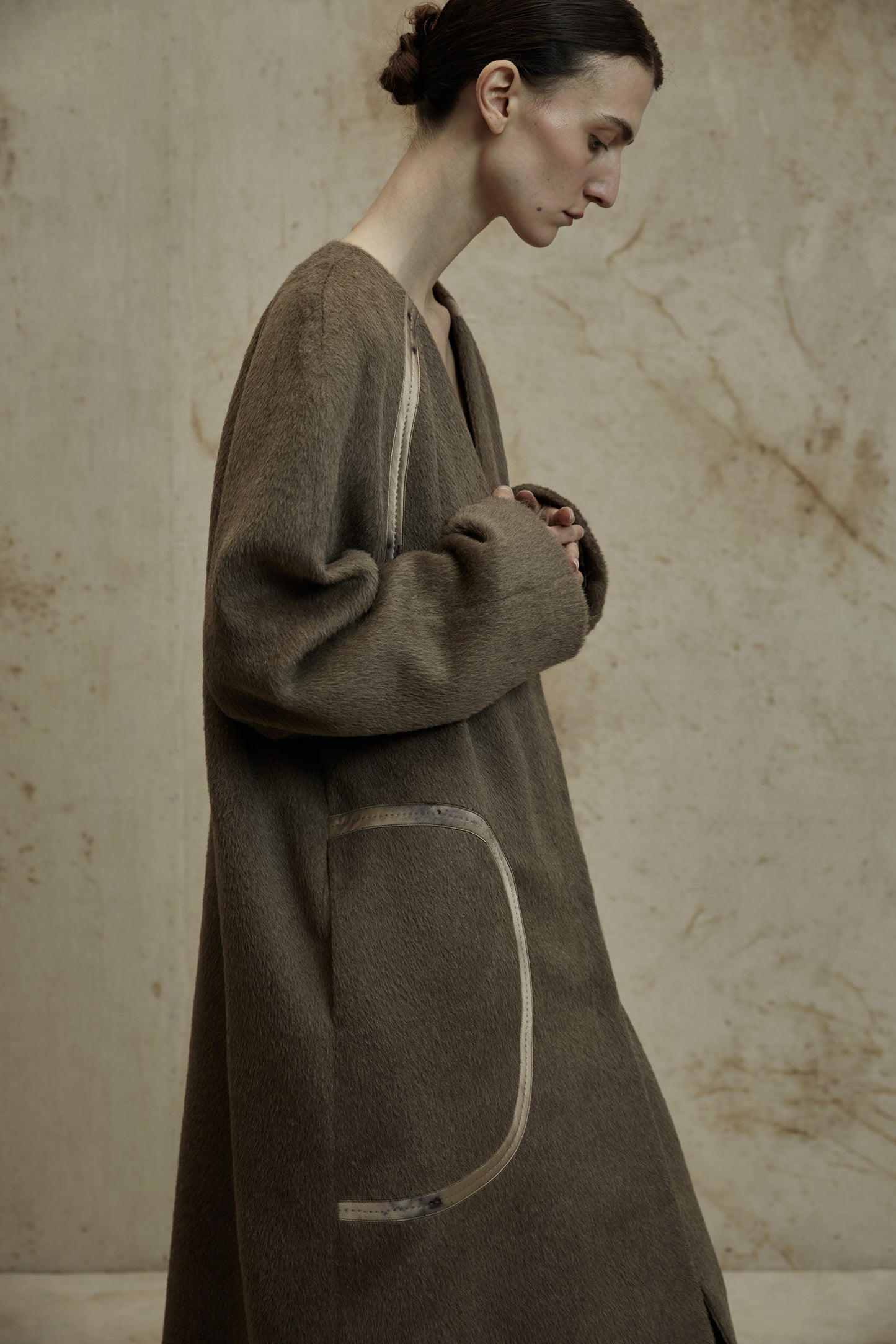 Alpaca Wool Round Shoulder Design Silk Patchwork Long Coat