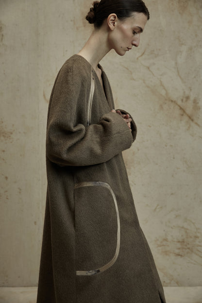 Alpaca Wool Round Shoulder Design Silk Patchwork Long Coat