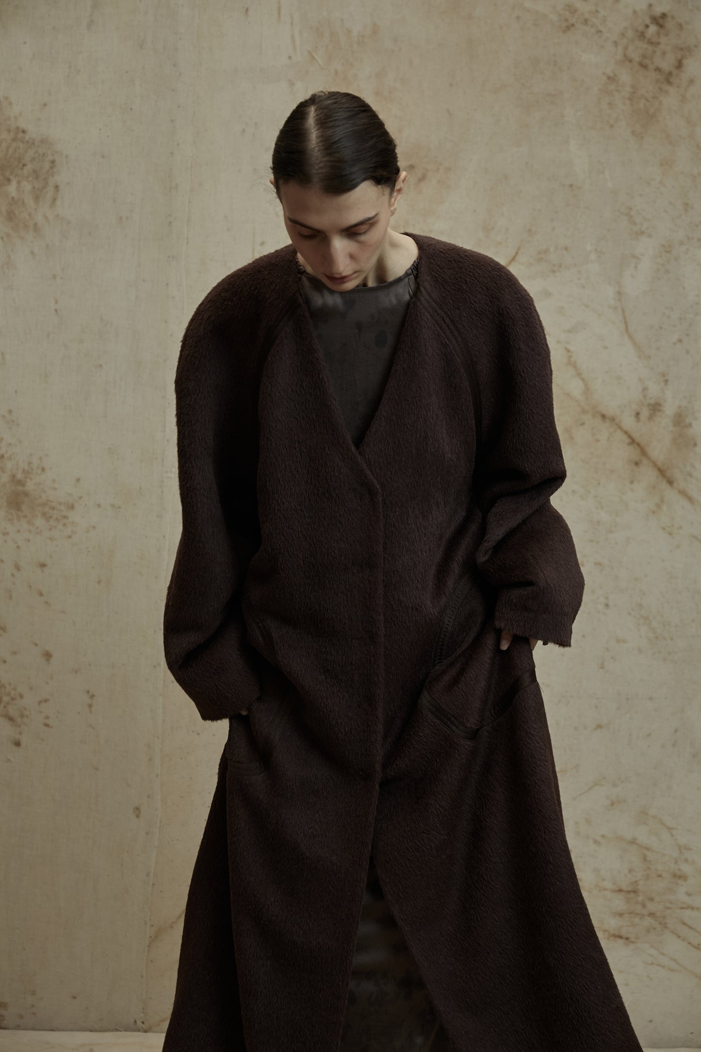 Alpaca Wool Round Shoulder Design Silk Patchwork Long Coat